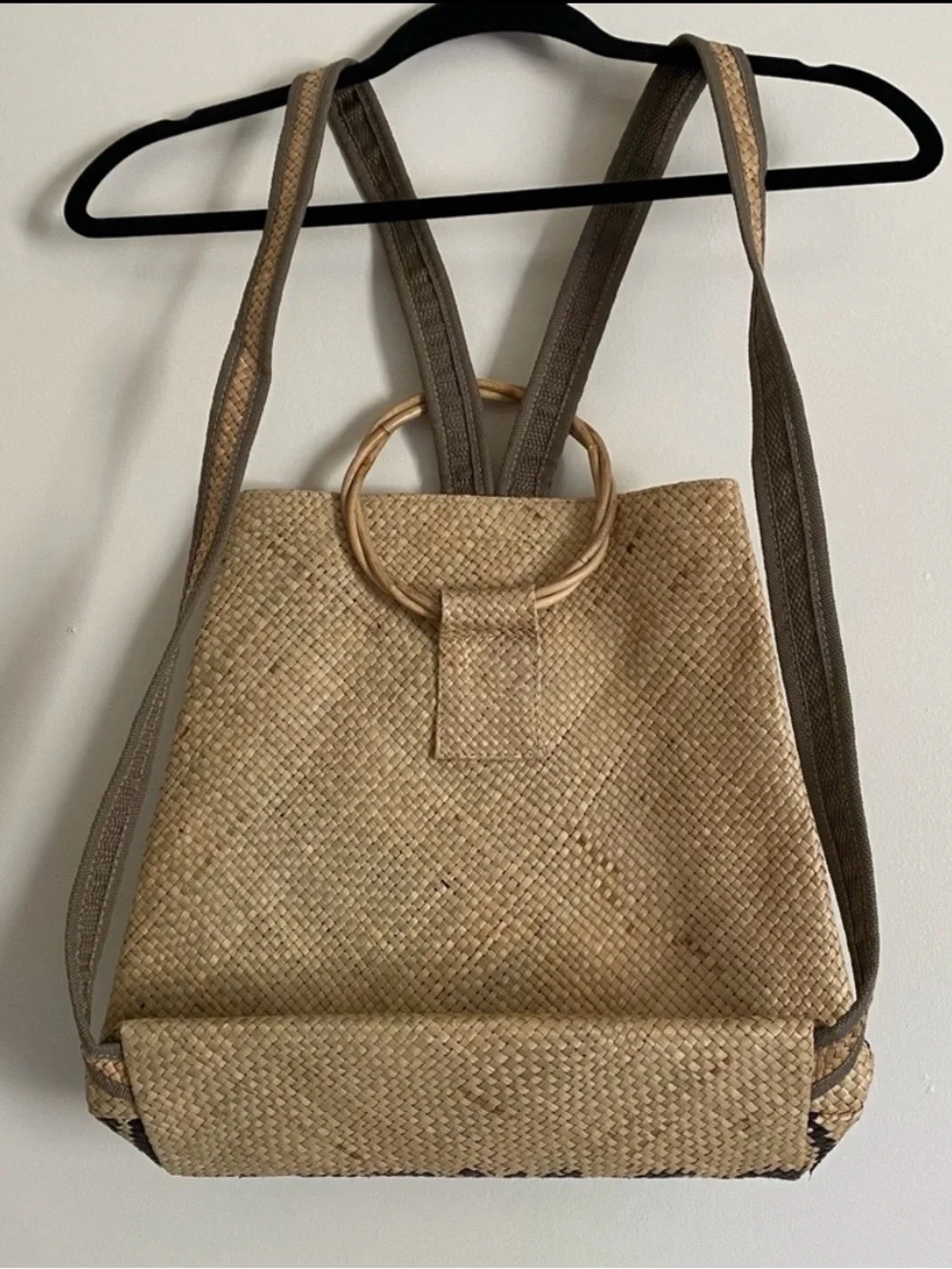 Anthropologie Zebra-Print Woven Straw Backpack in Natural and Dark Brown